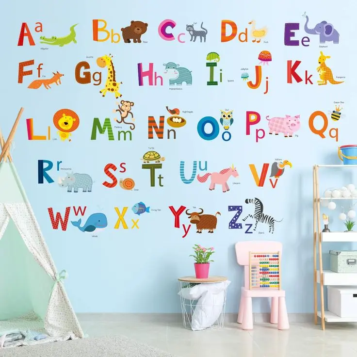 DECOWALL DA-1503A Learning Alphabet Color Wall Stickers ABC Animal Educational Decals for Kids Bedroom Nursery Living Room Art Home décor Letters ABC Classroom playroom Decorations Crafts Vinyl.webp