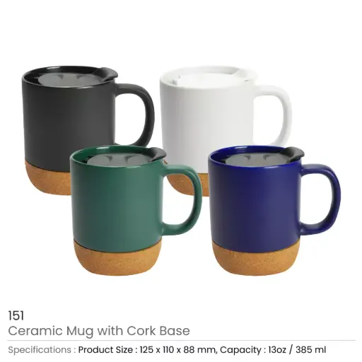 Ceramic Mugs with Lid and Cork Base 385 ml 