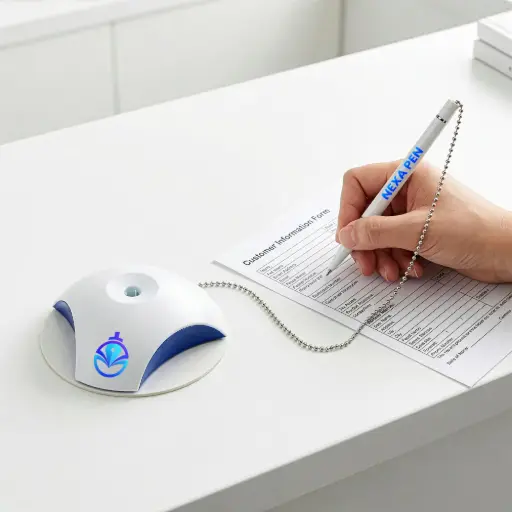 Counter Pen with Base Holder and Secured Chain – Blue Ink 